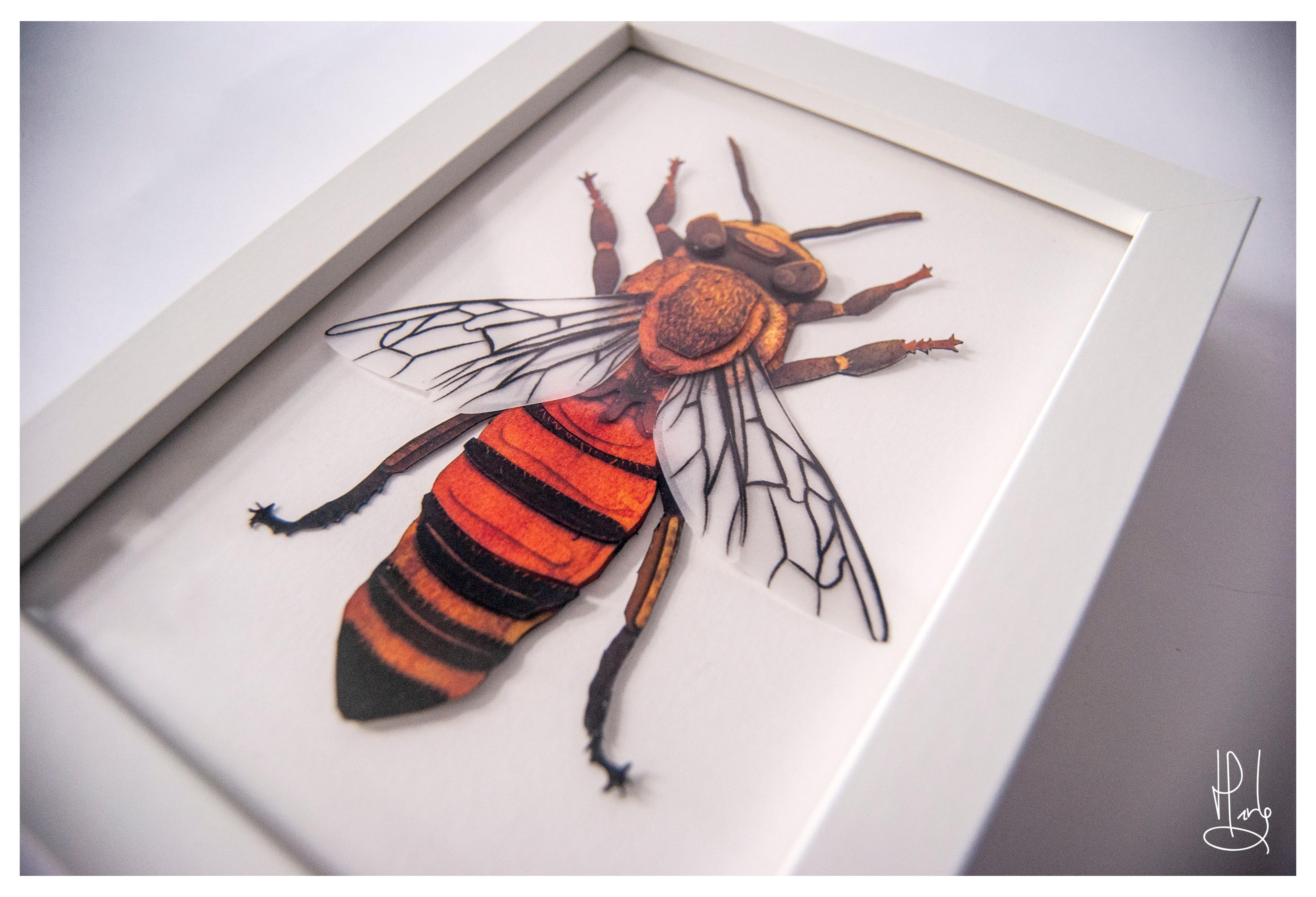 Abeille en papier découpé montée dans unn cadre